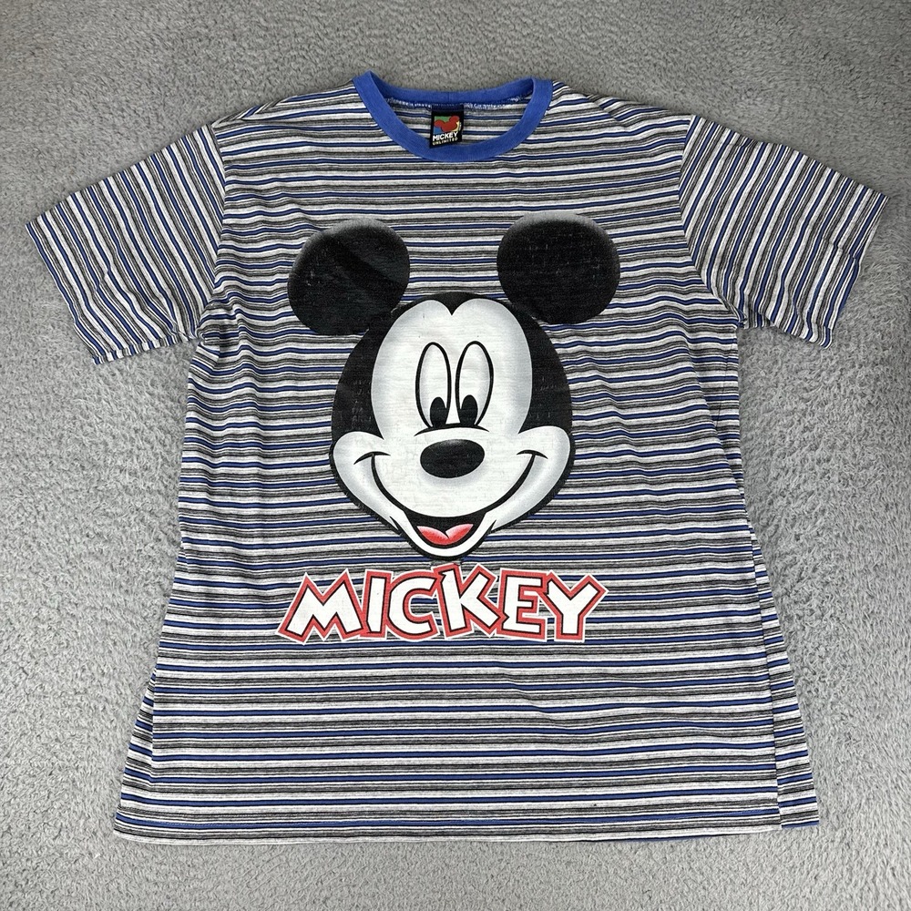 Vintage Disney Mickey Unlimited Pin-Stripe AOP Bigโ Head Mickey Mouse Tee Size L